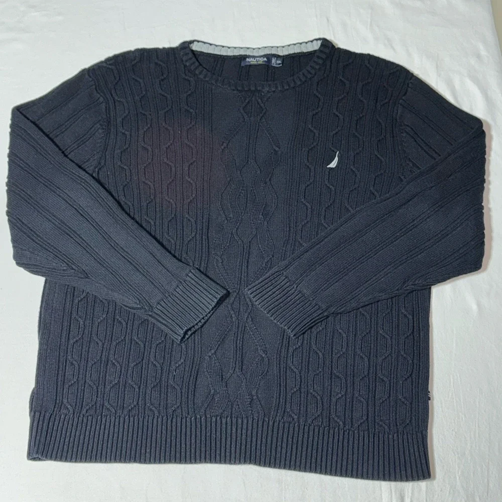 Nautica Sweater Mens XXL Chunky Ribbed Cable Knit 3D Heavy Pullover Preppy Black